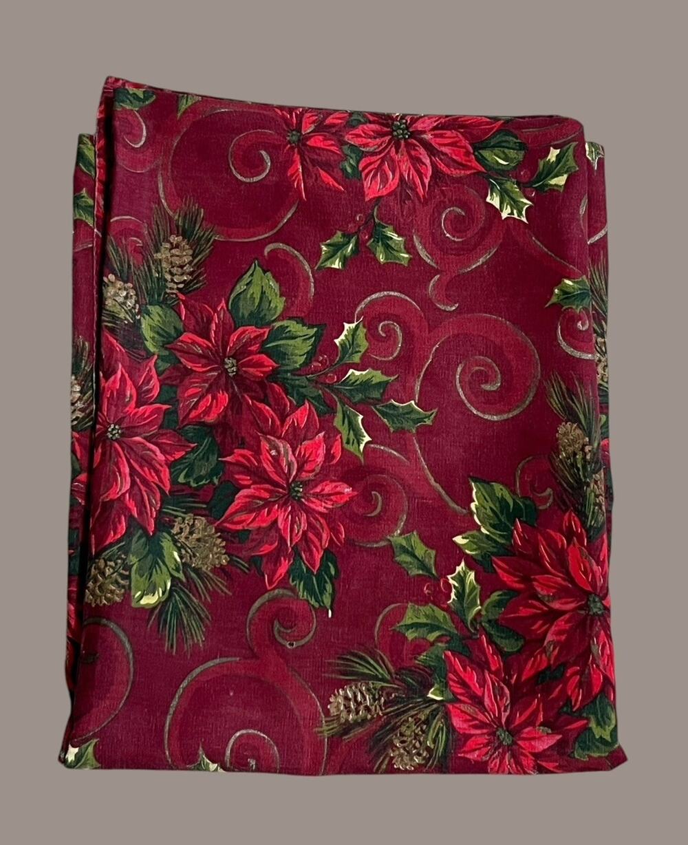 Vintage Christmas Red Poinsettias Burgundy Green Fabric Tablecloth 67x50